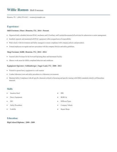 Shift Foreman Resume