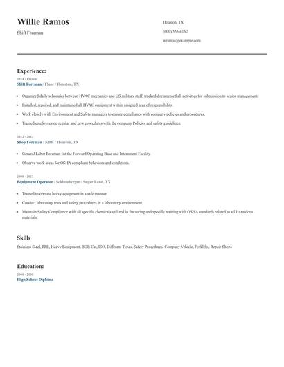 Shift Foreman Resume