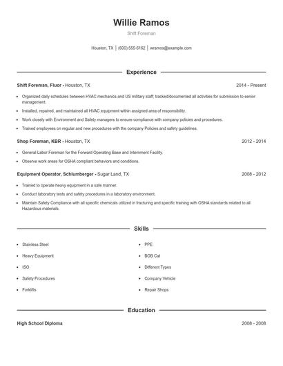 Shift Foreman Resume