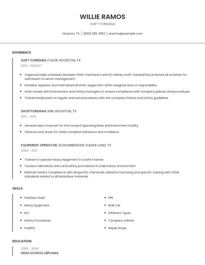 Shift Foreman Resume