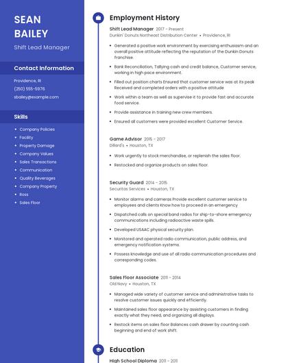 Shift Lead Manager Resume