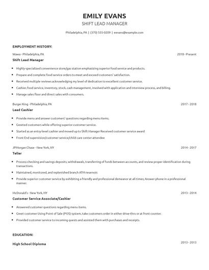 Shift Lead Manager Resume