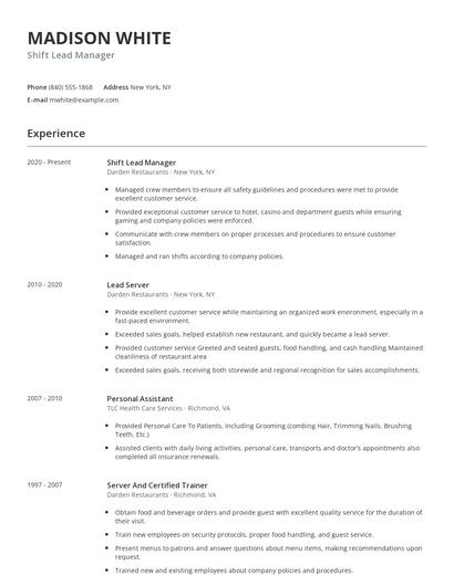 Shift Lead Manager Resume