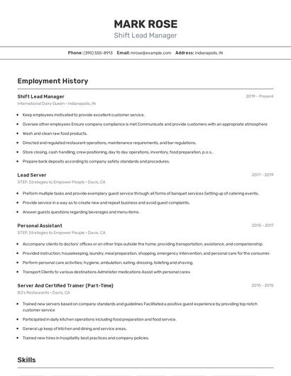 Shift Lead Manager Resume