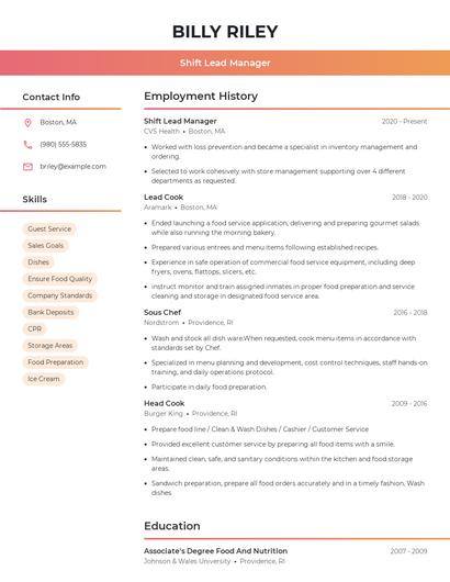 Shift Lead Manager Resume