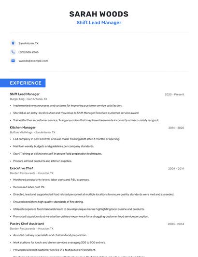 Shift Lead Manager Resume