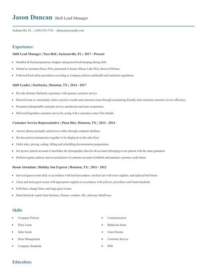 Shift Lead Manager Resume
