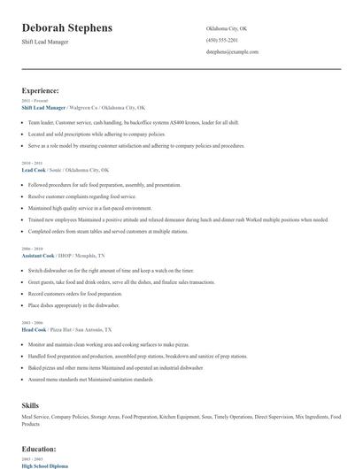 Shift Lead Manager Resume