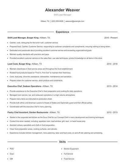 Shift Lead Manager Resume