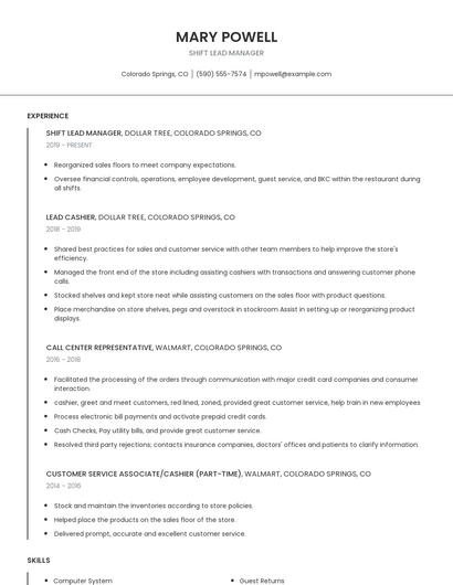 Shift Lead Manager Resume