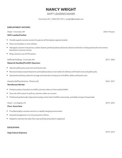 Shift Leader/Cashier Resume