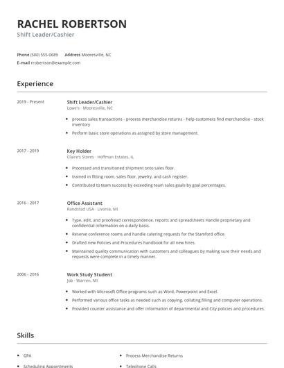 Shift Leader/Cashier Resume