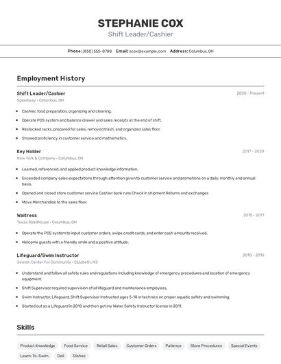Shift Leader/Cashier Resume