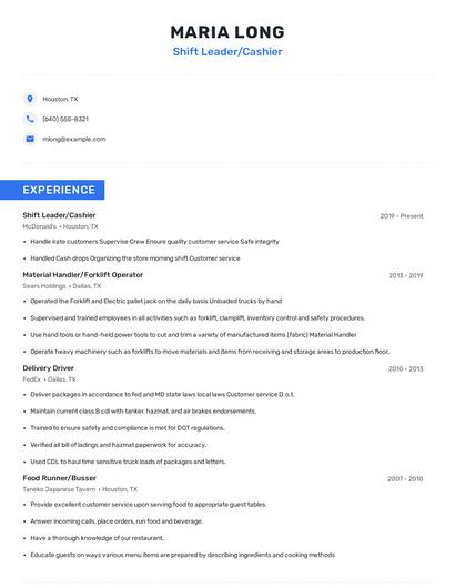 Shift Leader/Cashier Resume