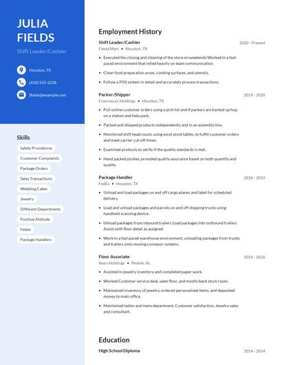 Shift Leader/Cashier Resume