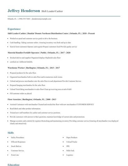 Shift Leader/Cashier Resume