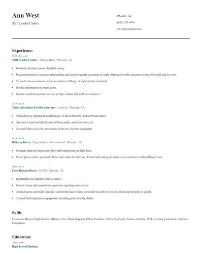 Shift Leader/Cashier Resume