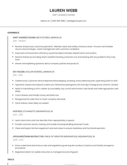 Shift Leader/Cashier Resume