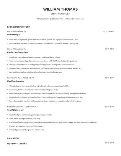 Shift Manager Resume
