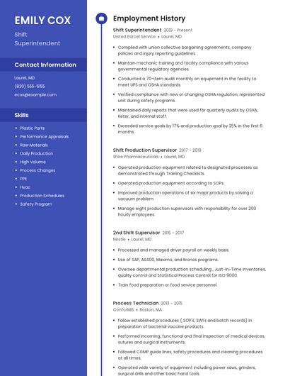Shift Superintendent Resume
