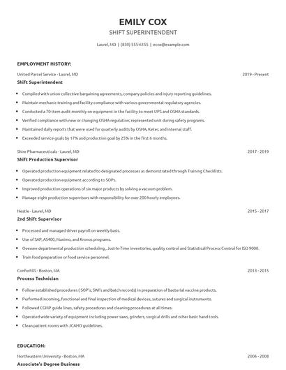 Shift Superintendent Resume