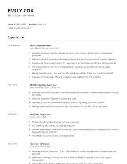 Shift Superintendent Resume