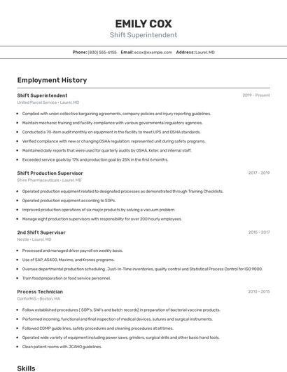 Shift Superintendent Resume