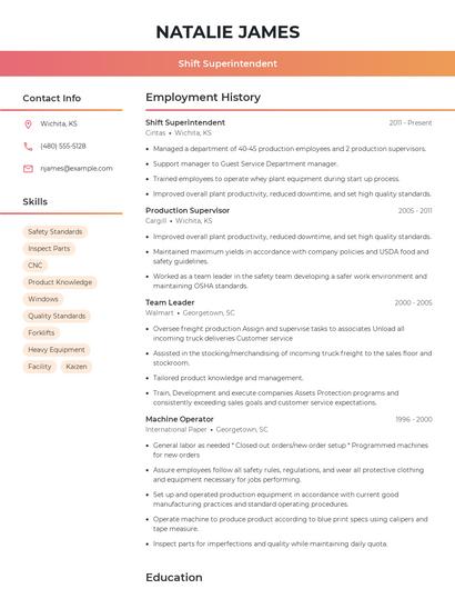 Shift Superintendent Resume