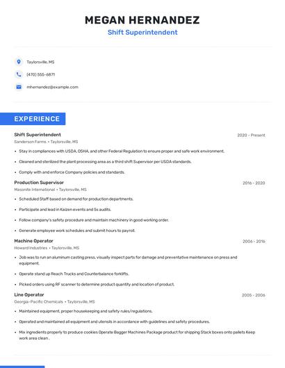 Shift Superintendent Resume