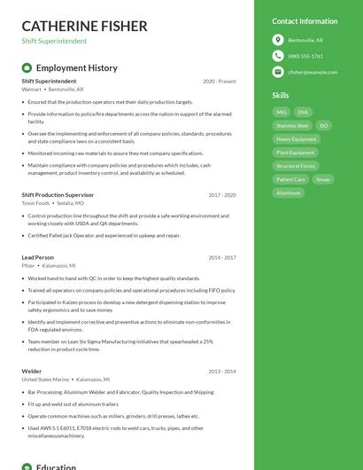 Shift Superintendent Resume