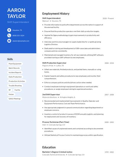 Shift Superintendent Resume