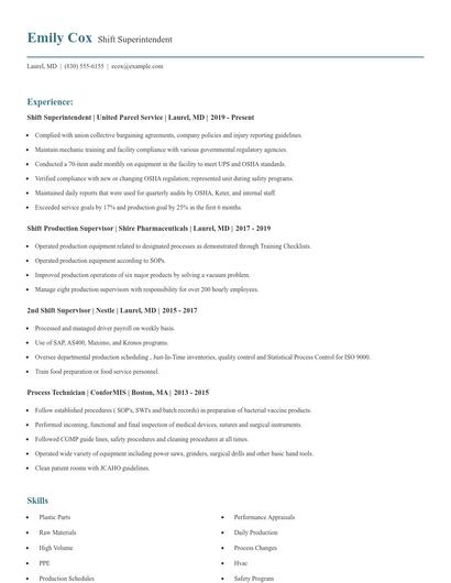 Shift Superintendent Resume