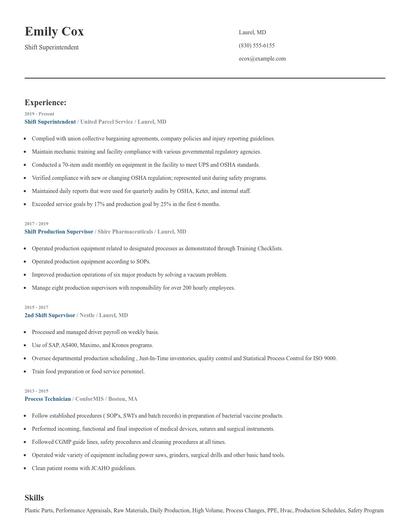 Shift Superintendent Resume