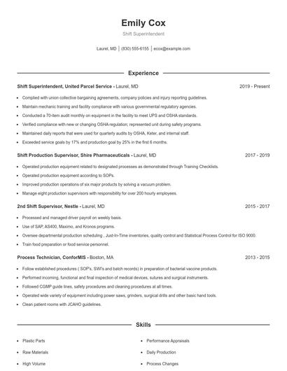 Shift Superintendent Resume