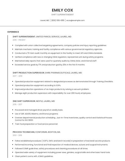 Shift Superintendent Resume