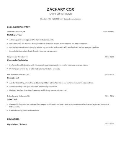 Shift Supervisor Resume