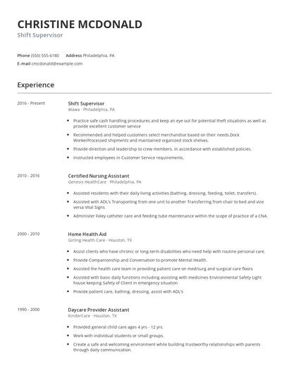 Shift Supervisor Resume