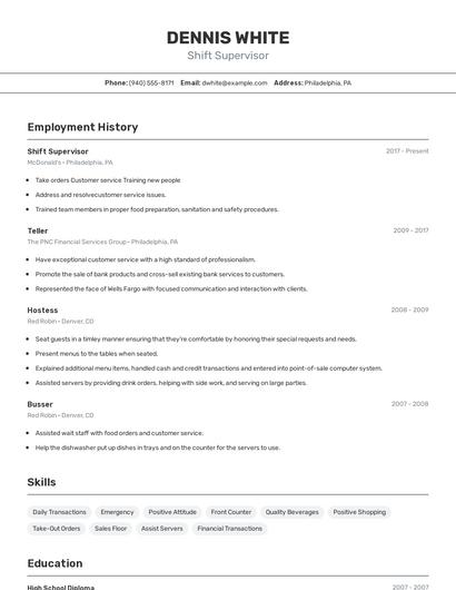 Shift Supervisor Resume