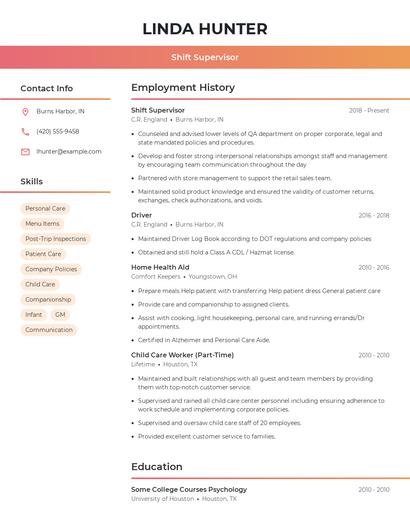 Shift Supervisor Resume