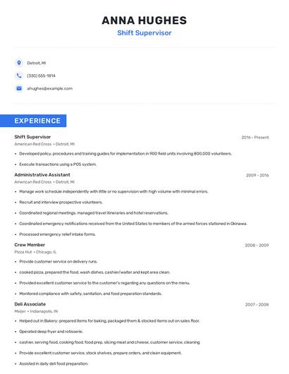 Shift Supervisor Resume