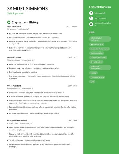 Shift Supervisor Resume