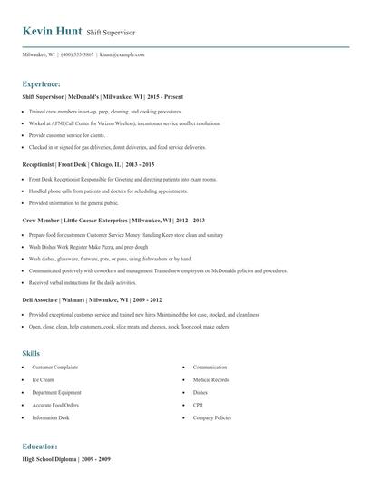 Shift Supervisor Resume