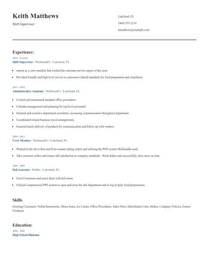 Shift Supervisor Resume