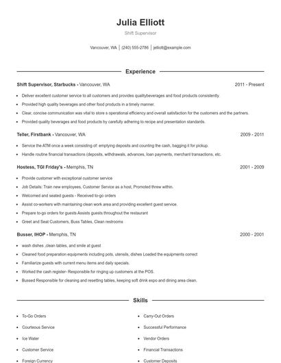 Shift Supervisor Resume