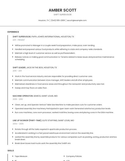 Shift Supervisor Resume