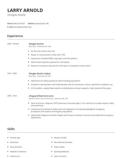 Shingles Roofer Resume