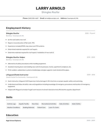 Shingles Roofer Resume