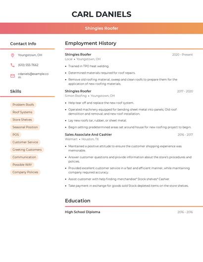 Shingles Roofer Resume