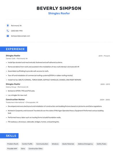 Shingles Roofer Resume
