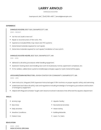 Shingles Roofer Resume